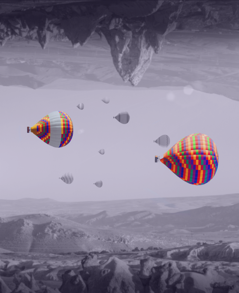 空間に浮遊する複数のオブジェクトを写したビジュアル