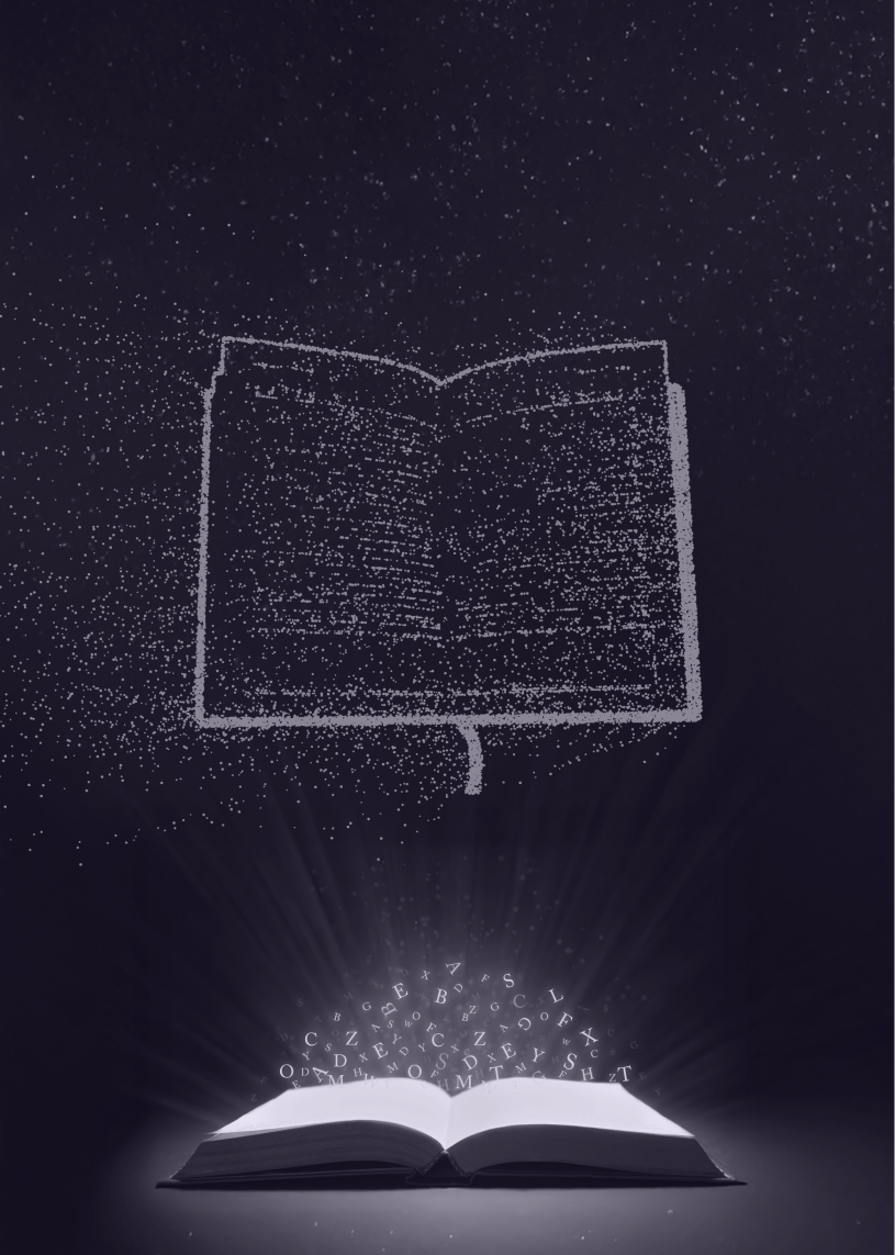 開いた本と粒子状の表現を組み合わせたビジュアル